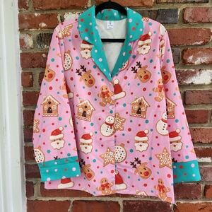 Christmas Holiday Soft Womens Pajama Set Elastic Pants W/ Button Up Shirt Soft